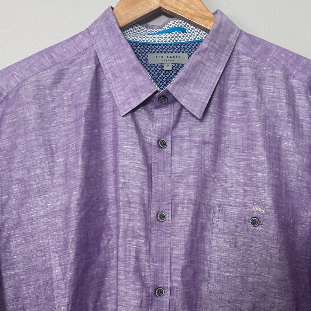 Ted Baker Shirt Mens 7 (US XXL) Purple Linen Blend Paisley Long Sleeve Button Up